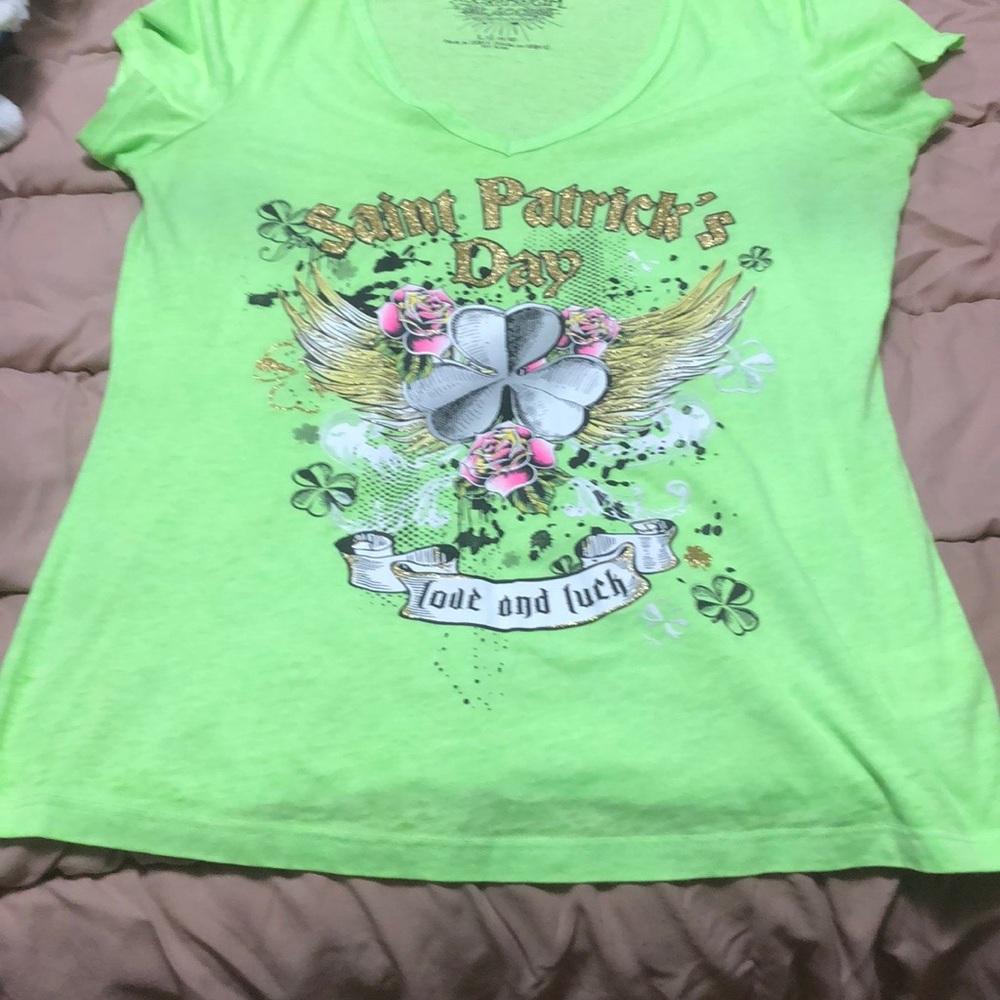 Rocker girl bright green St Pattys day tshirt with gold glitter, shamrock wings
